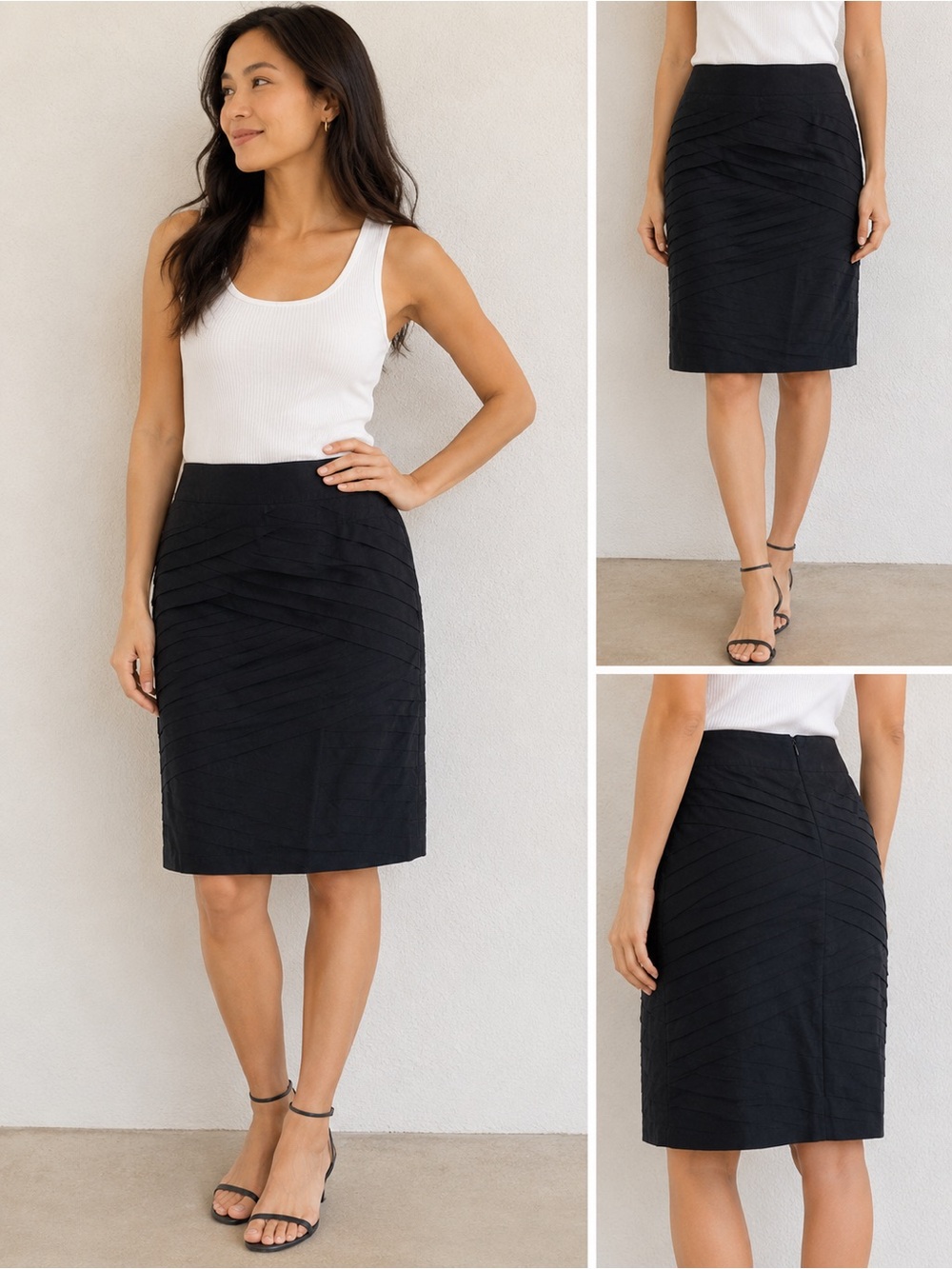 White House Black Market Black Pintuck Diagonal Pleats Pencil Skirt Lined Size 4